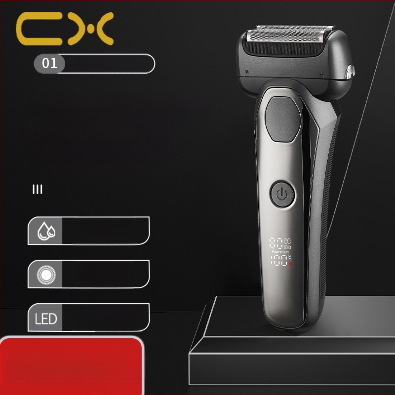 Ηλεκτρική ξυριστική μηχανή με κεφαλή 3 λεπίδων με κίνηση ανάστροφης, ενσωματωμένη μπαταρία 500–800 mAh, LED οθόνη, λειτουργία πλυσίματος ολόσωμα, αυτονομία πάνω από 60 λεπτά