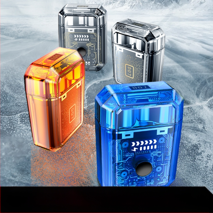 Ηλεκτρική ξυριστική μηχανή με μίνι διαφανή διπλή κεφαλή και μαγνητικό σχεδιασμό — χωρίς ψήκτρες κινητήρας, ενσωματωμένη μπαταρία 300–500 mAh, αυτονομία 60 λεπτών, κεφαλή περιστροφής με δύο λεπίδες, πλήρες πλύσιμο σώματος