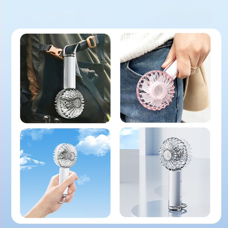 Rankinis USB įkraunamas lauko mini ventiliatorius su 1200–2000mAh baterija, bešepetėlinis variklis, 3 greičiai, aplinkos apšvietimas