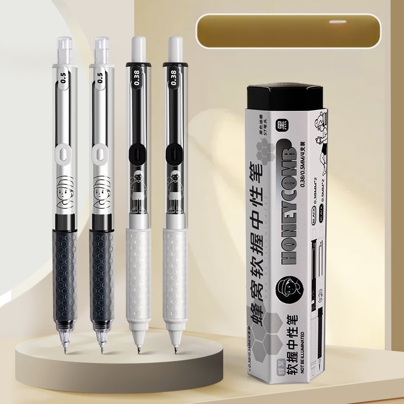 Gelio rašiklis Wheat and TACOTACO su avilių plokštelių tekstūra ir minkštu laikymu, 4 vnt. rinkinys sešiakampėje dėžutėje