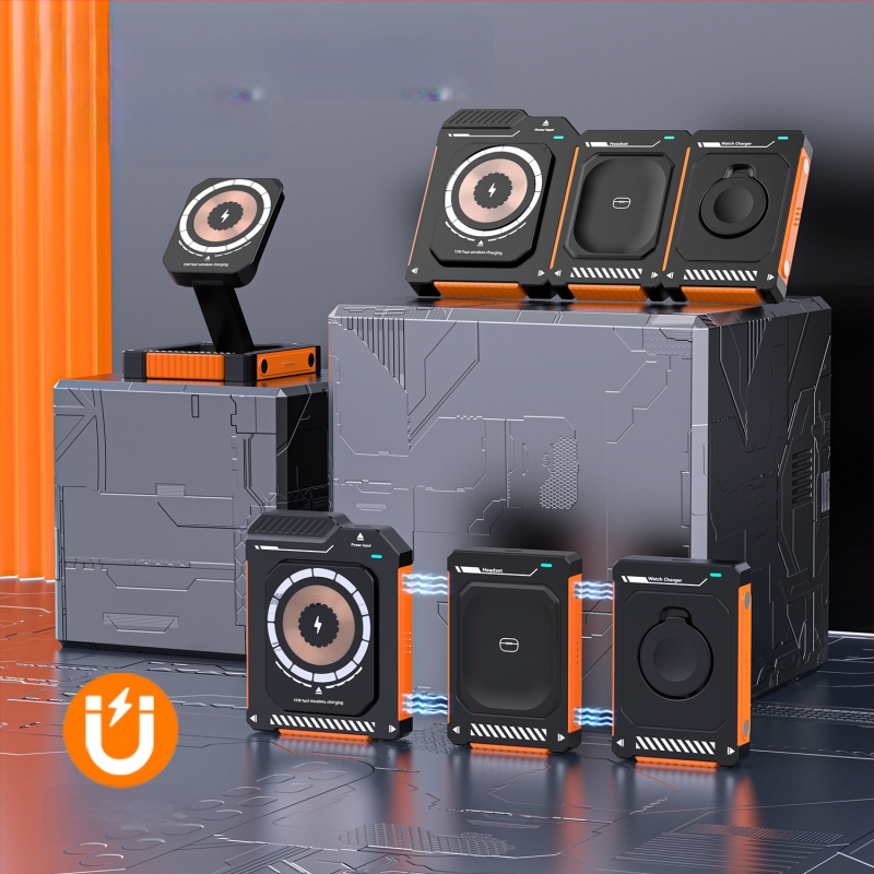 Magnētisks 15W bezvadu uzlādes līdzeklis ar salokāmu 3-in-1 telefonu statīvu, saderīgs ar iPhone 15/16