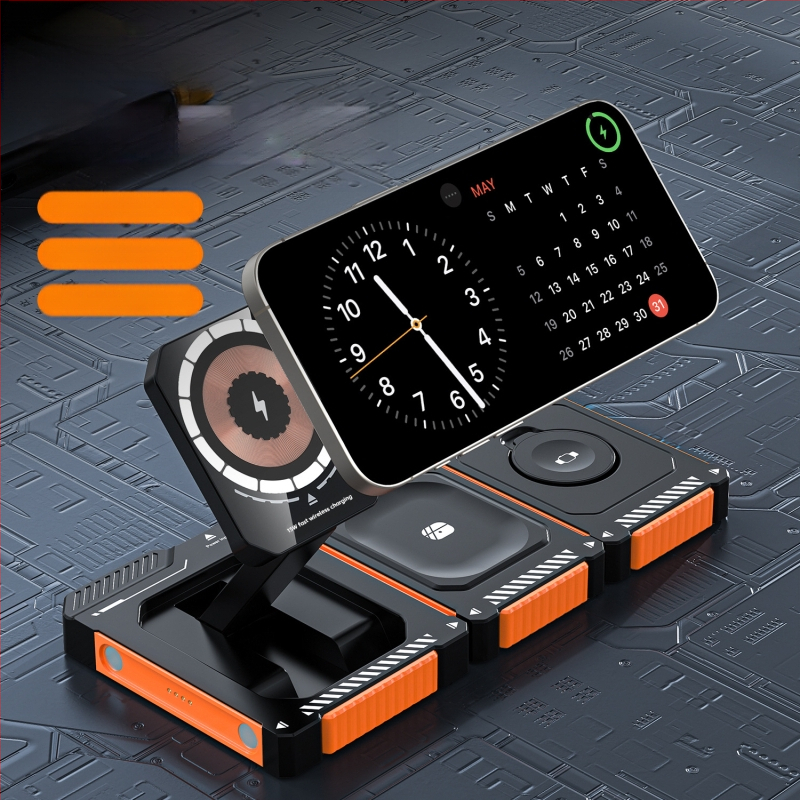 Magnētisks 15W bezvadu uzlādes līdzeklis ar salokāmu 3-in-1 telefonu statīvu, saderīgs ar iPhone 15/16