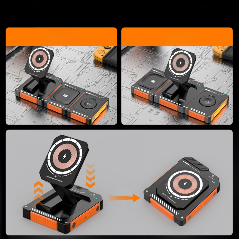 Magnētisks 15W bezvadu uzlādes līdzeklis ar salokāmu 3-in-1 telefonu statīvu, saderīgs ar iPhone 15/16