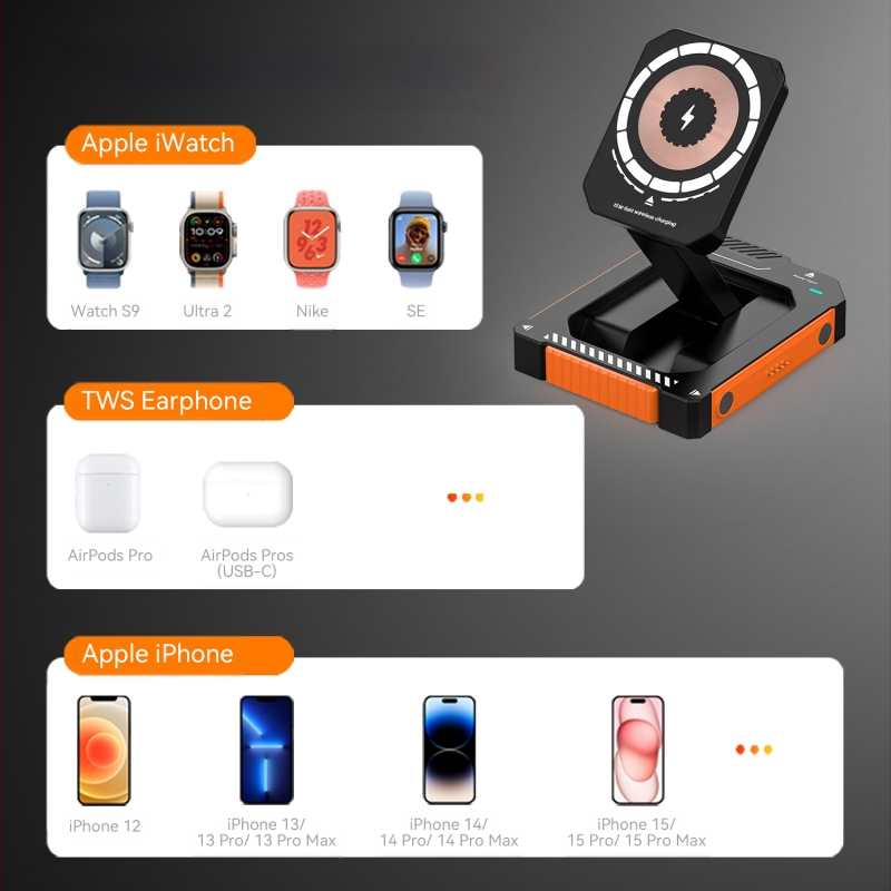 Magnētisks 15W bezvadu uzlādes līdzeklis ar salokāmu 3-in-1 telefonu statīvu, saderīgs ar iPhone 15/16