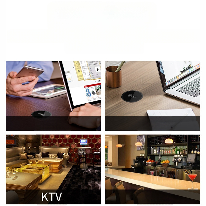 Stolē ievietots bezvadu uzlādes lādētājs ar slēgtu dizainu viesnīcas naktsgaldiņiem, 15W ātrā uzlāde, QC3.0, 9V/1.66A, alumīnija sakausējuma korpuss + akrila pārsegs