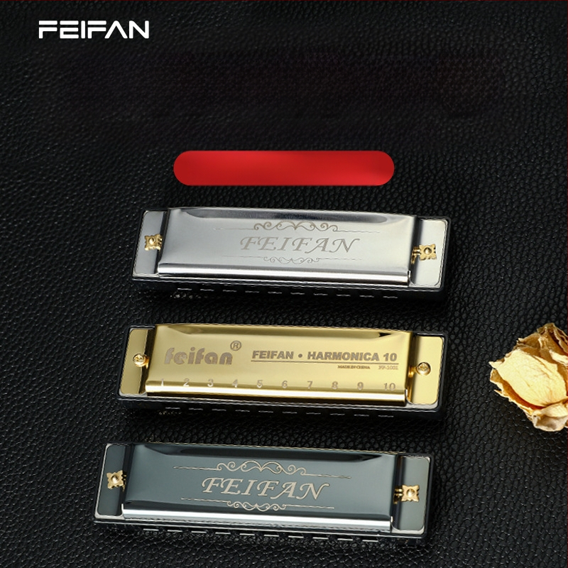 FeiFan ZX-10 хармоника за начинаещи, блюз диатонична в C; 10 дупки, златно покритие на капачката, звук от смола; подходяща за деца 7–14.