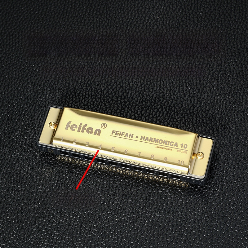 FeiFan ZX-10 хармоника за начинаещи, блюз диатонична в C; 10 дупки, златно покритие на капачката, звук от смола; подходяща за деца 7–14.