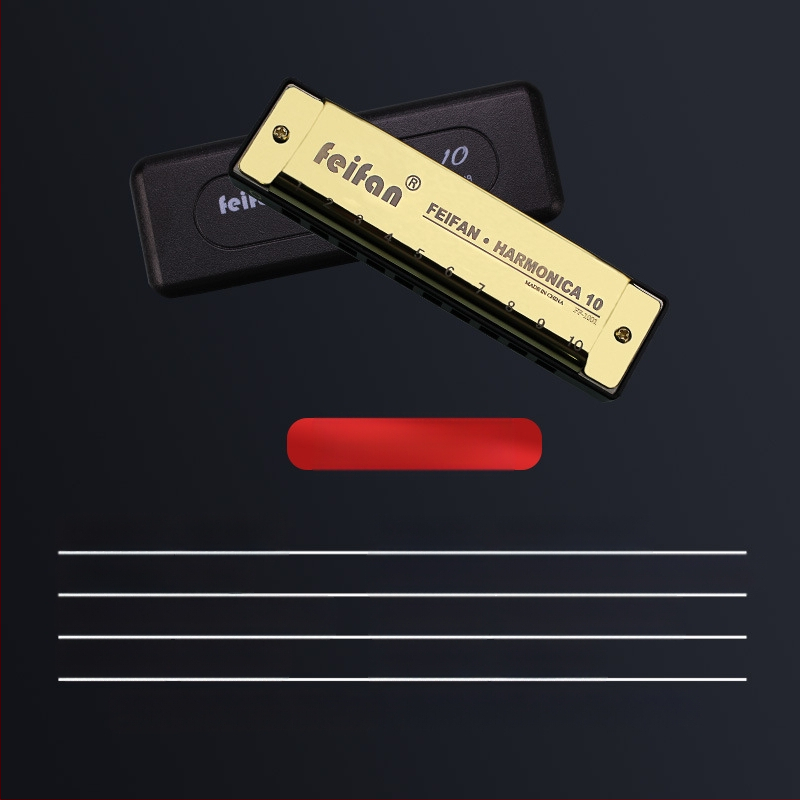 FeiFan ZX-10 хармоника за начинаещи, блюз диатонична в C; 10 дупки, златно покритие на капачката, звук от смола; подходяща за деца 7–14.
