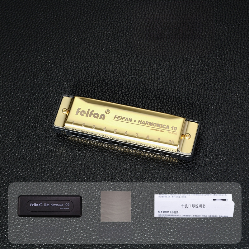 FeiFan ZX-10 хармоника за начинаещи, блюз диатонична в C; 10 дупки, златно покритие на капачката, звук от смола; подходяща за деца 7–14.