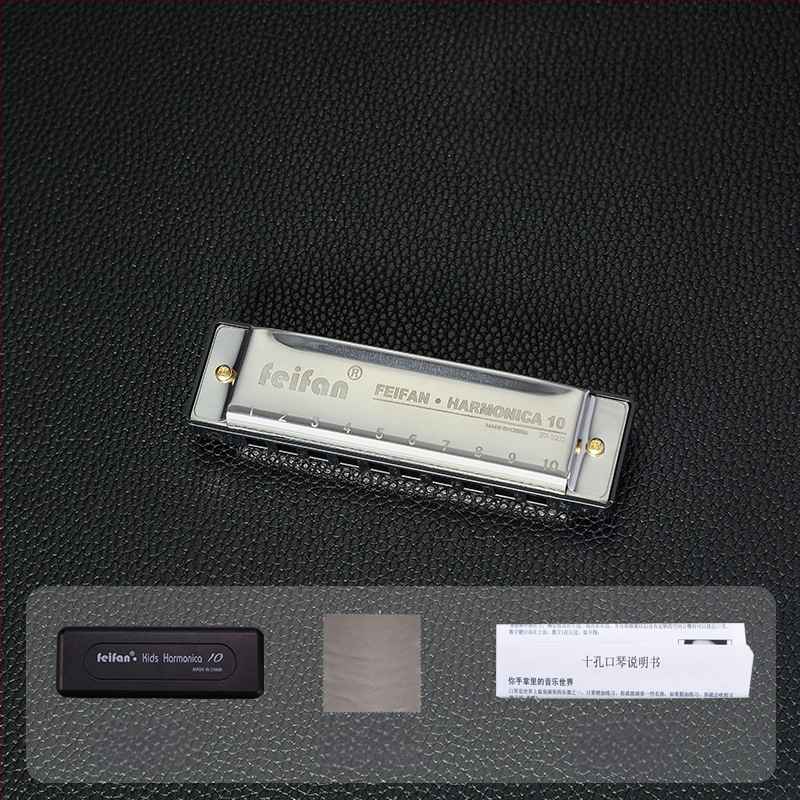 FeiFan ZX-10 хармоника за начинаещи, блюз диатонична в C; 10 дупки, златно покритие на капачката, звук от смола; подходяща за деца 7–14.