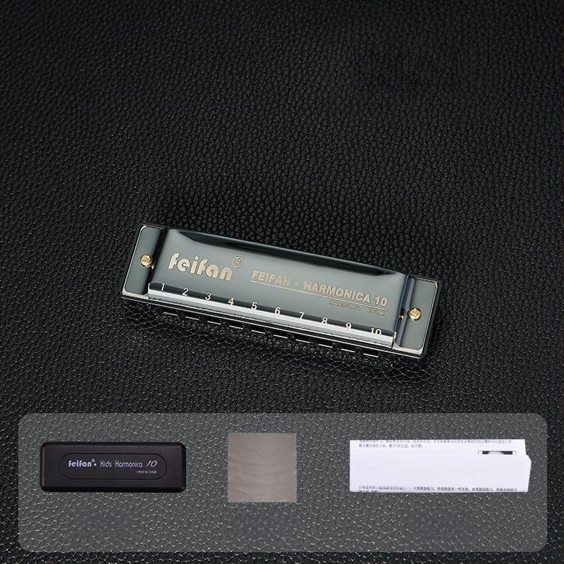 FeiFan ZX-10 хармоника за начинаещи, блюз диатонична в C; 10 дупки, златно покритие на капачката, звук от смола; подходяща за деца 7–14.
