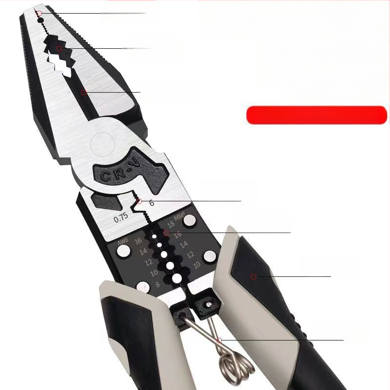 Njemački stil višenamenske kliješta, industrijske klase, s iglom nosom i dijagonalnim nosom, za skidanje izolacije, težina 0.25 kg, promjer rezanja 2 mm