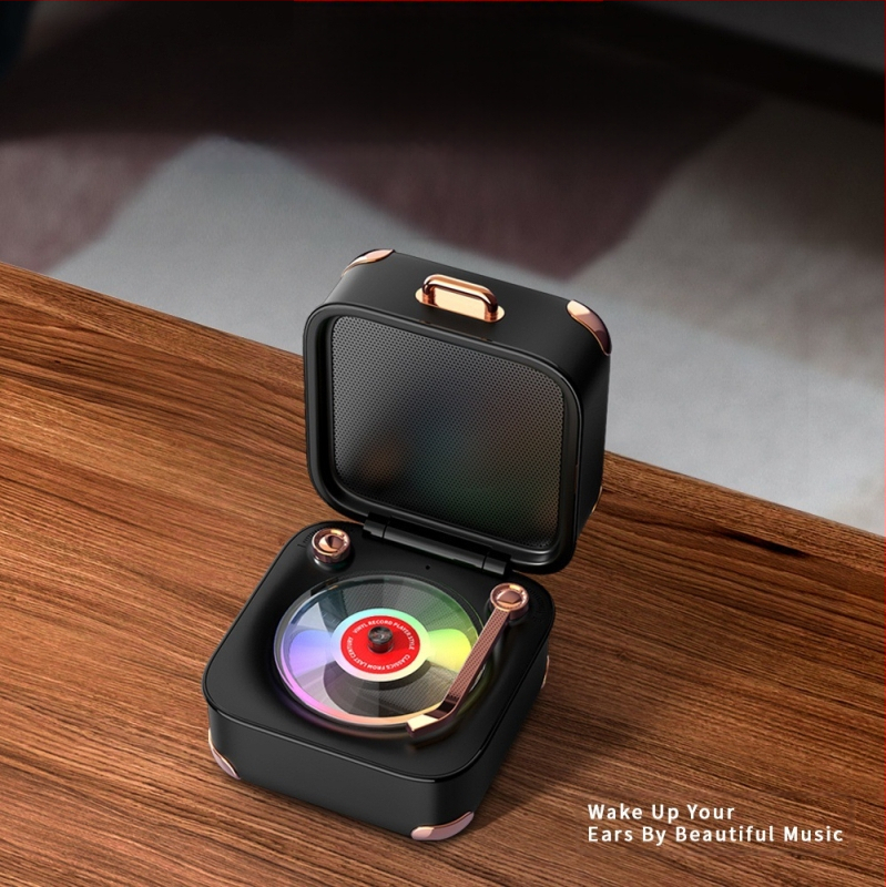 Ρετρό Bluetooth ηχείο με TF κάρτα και σχέδιο μίνι βινυλίου, USB τροφοδοσία, 5W, Bluetooth 5.3, εύρος 40Hz-20kHz, SNR ≥60dB, ενσωματωμένη μπαταρία 1000-1200mAh, πολύχρωμα LED φώτα