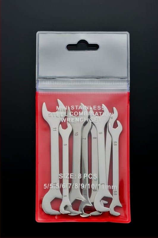 10-частен мини комплект гаечни ключове с открит край, двупосочно използване, метрични и инчови размери; въглеродна стомана, тегло 0,13 кг