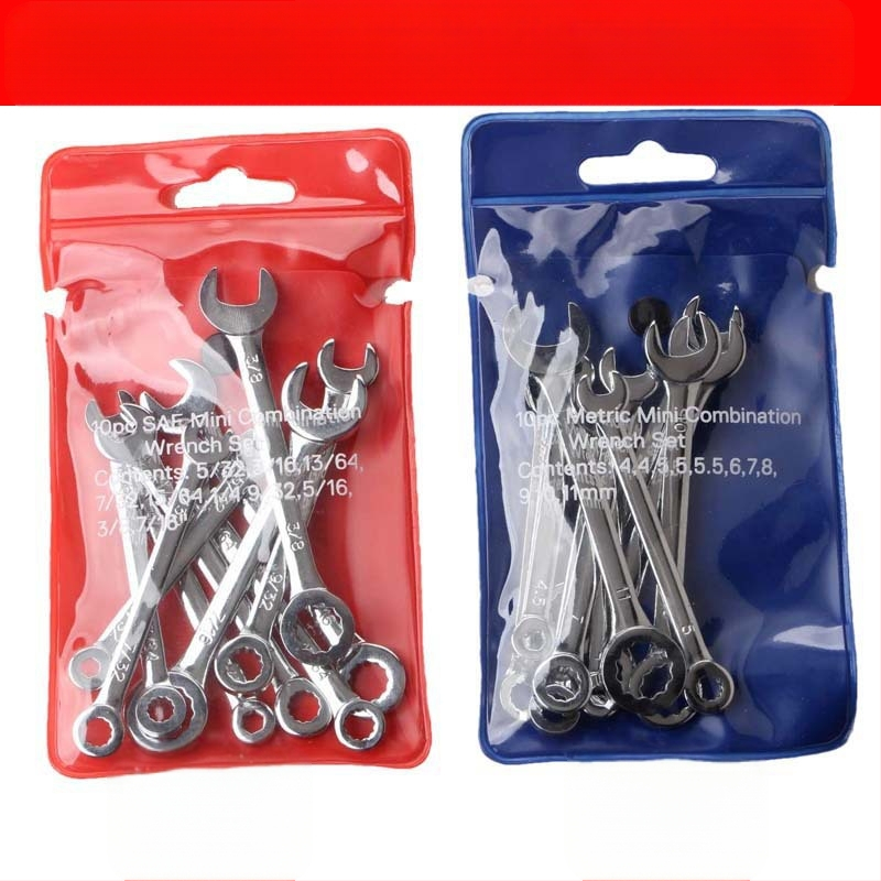 10-частен мини комплект гаечни ключове с открит край, двупосочно използване, метрични и инчови размери; въглеродна стомана, тегло 0,13 кг