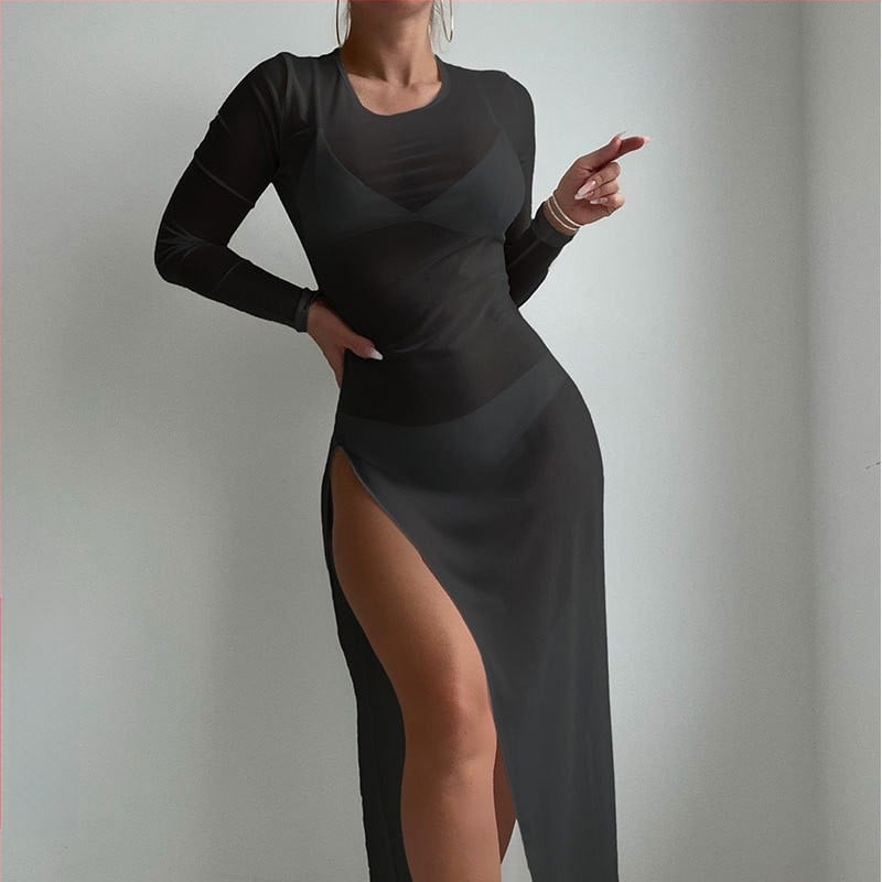 Κάλυμμα παραλίας με διαφανές πλέγμα, στρογγυλός λαιμός, μακριά διαφανής φούστα – Qin Zhu Clothing (Μάρκα: Qin Zhu Clothing; Υλικό: Πολυεστέρας; Επένδυση: Σπαντέξ; Περιεχόμενο υφάσματος: 95% Πολυεστέρας; Βάρος: 136 g)