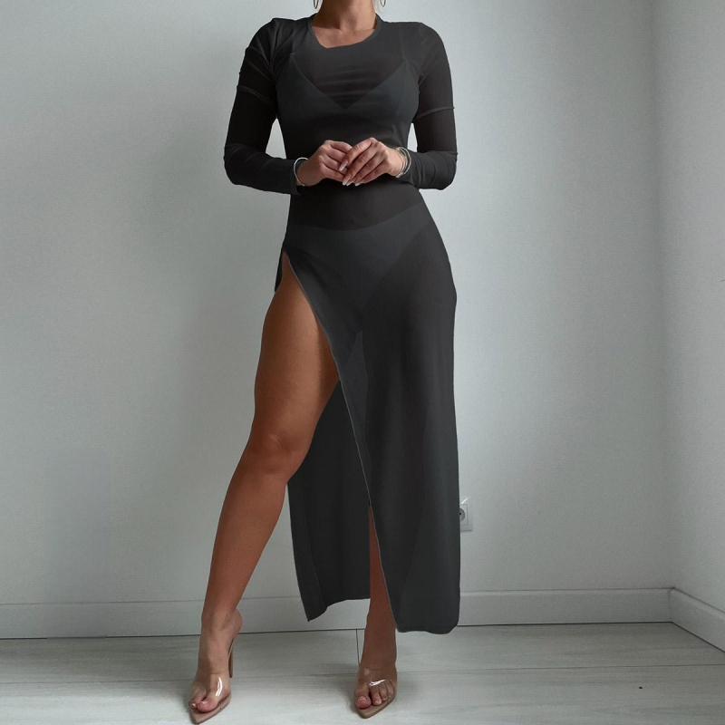 Κάλυμμα παραλίας με διαφανές πλέγμα, στρογγυλός λαιμός, μακριά διαφανής φούστα – Qin Zhu Clothing (Μάρκα: Qin Zhu Clothing; Υλικό: Πολυεστέρας; Επένδυση: Σπαντέξ; Περιεχόμενο υφάσματος: 95% Πολυεστέρας; Βάρος: 136 g)