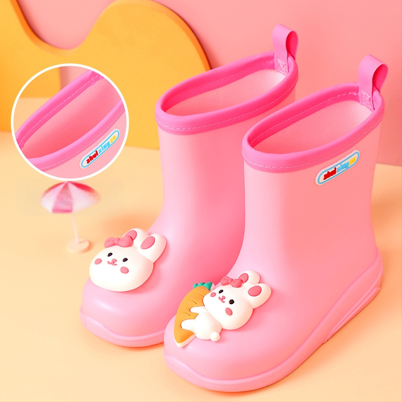 Bērnu lietuss zābaki ar karikatūras rakstu, PVC augšdaļa, universālas, vecums 4–6 gadi, zems papēdis 1–3 cm, vidēja zābaku garuma