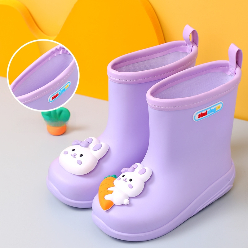 Bērnu lietuss zābaki ar karikatūras rakstu, PVC augšdaļa, universālas, vecums 4–6 gadi, zems papēdis 1–3 cm, vidēja zābaku garuma