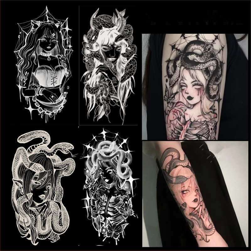 Σετ αυτοκόλλητων τατουάζ Μεδουσα – για μηρό και χέρι, χειροποίητο, προσαρμογή, μακράς διάρκειας, μάρκα Fill Art, δυνατότητα εκτύπωσης λογότυπου
