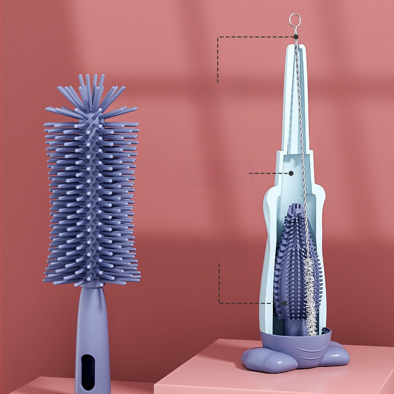 Kūdikio butelių šepetėlių rinkinys — trijų dalių, silikoninis spenelių šepetėlis, nešiojamas, 360° valymas