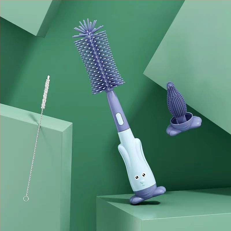 Kūdikio butelių šepetėlių rinkinys — trijų dalių, silikoninis spenelių šepetėlis, nešiojamas, 360° valymas