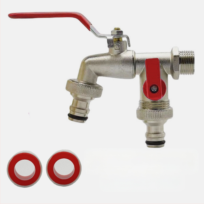 Vrtna slavina SZ-054 s dvostrukim izlazom — bakar, niklovani premaz, jednoručni dvostruki upravljanje, jednostavna ugradnja