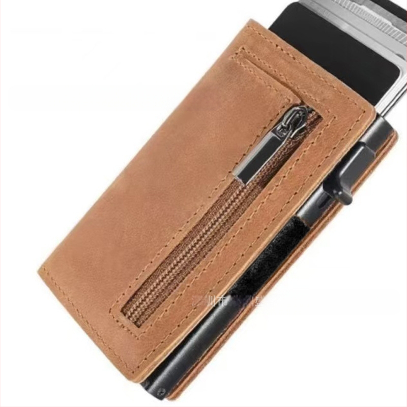 Кожен мъжки портфейл с автоматично изскачащ слот за карти, RFID защита, ултра тънък, подплата от телешка кожа