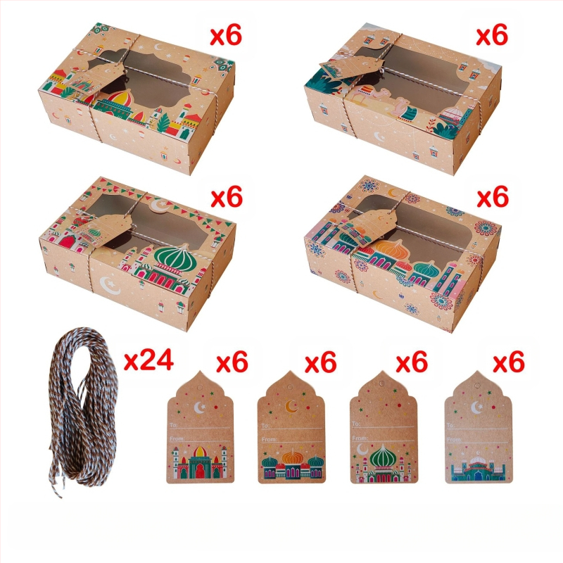 Крафт хартия подаръчна кутия с PVC прозорец за Рамадански бонбони – тема Близкия Изток, Нова година; опции за пакетиране: 4/8/12/24 броя