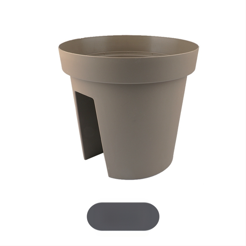 Sedliniškai formos vazonas balkonui, pakabinamas ant turėklų, iš dervos-plastiko, paprastas stilius