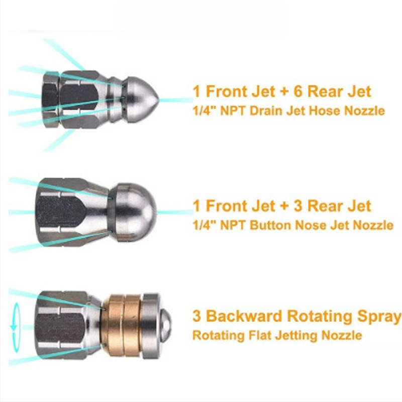 Σετ σωλήνα υψηλής πίεσης για καθαρισμό αγωγών με 1 εμπρός ακροφύσιο και 3 πίσω ακροφύσια, 1/4 γρήγορη σύνδεση και 6 εξαρτήματα, ανοξείδωτο ατσάλι