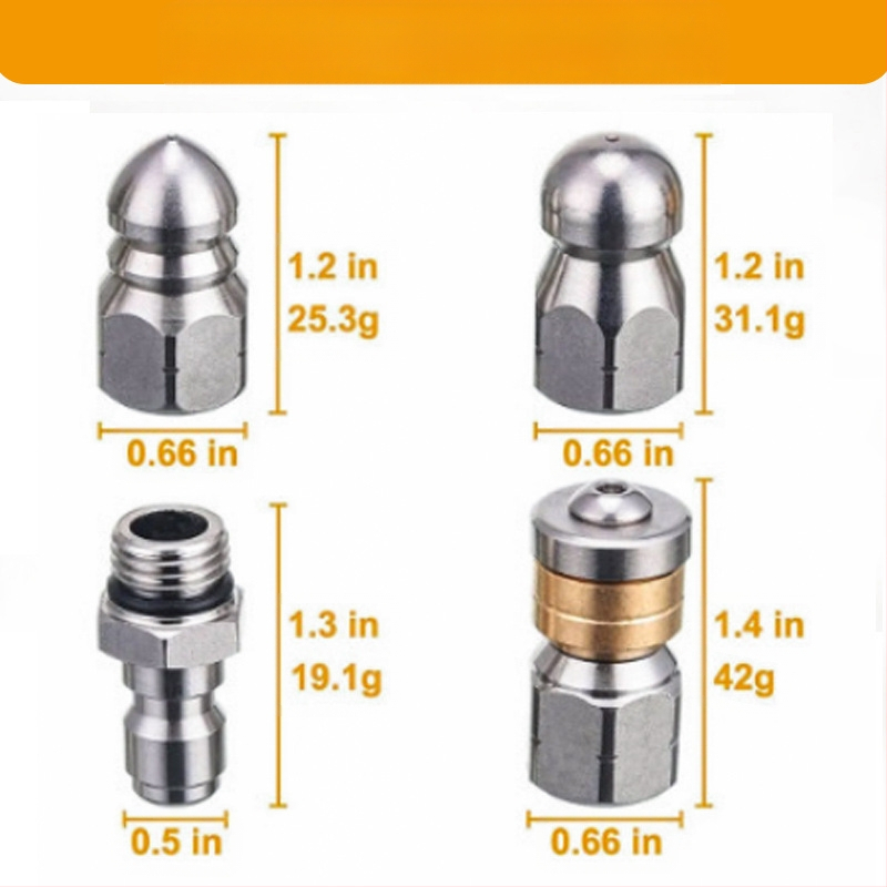 Σετ σωλήνα υψηλής πίεσης για καθαρισμό αγωγών με 1 εμπρός ακροφύσιο και 3 πίσω ακροφύσια, 1/4 γρήγορη σύνδεση και 6 εξαρτήματα, ανοξείδωτο ατσάλι