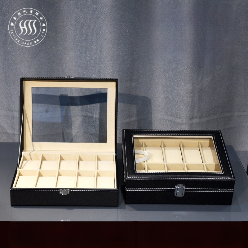 Laikrodžių dėžutė iš odos – prabangus demonstravimo ir laikymo dėklas su skaidriu langeliu, modelis HH-S006