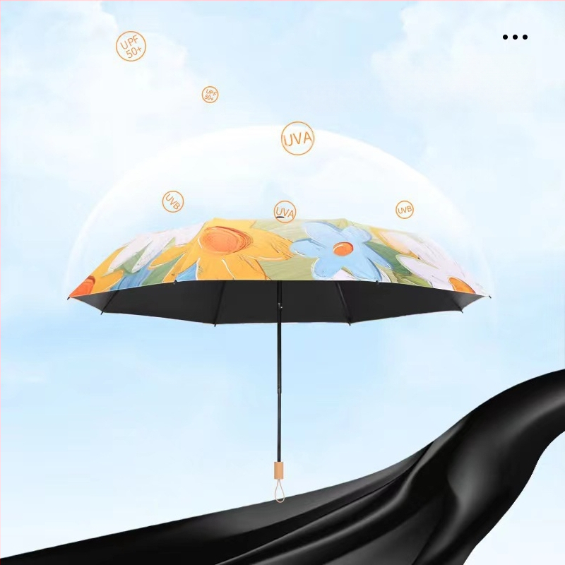 Trys dalių automatinis skėtis su retro aliejinės tapybos motyvu, ultralengvas, UPF50+ saulės apsauga, 8 pluošto strypai, 190T audinys