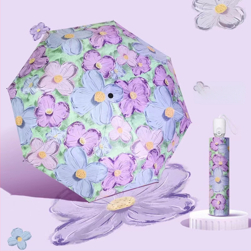 Trys dalių automatinis skėtis su retro aliejinės tapybos motyvu, ultralengvas, UPF50+ saulės apsauga, 8 pluošto strypai, 190T audinys