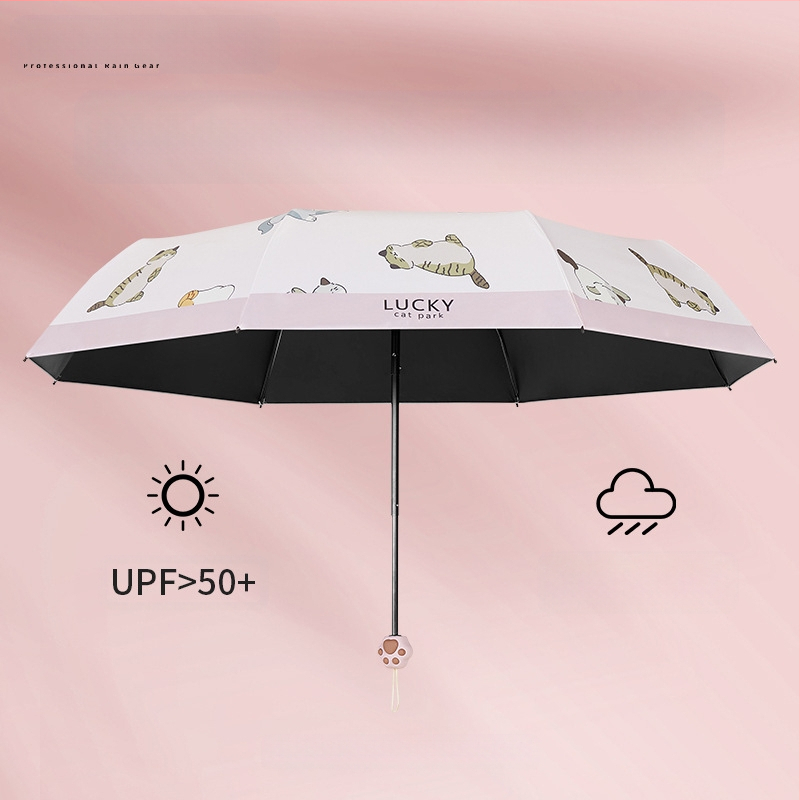 Saules lietussargs ar kaķa ķepas rokturi, Karikatūru dizains, Salokāms trīsdaļīgs lietussargs, UV aizsardzība UPF 40+, 8 spīļu konstrukcija, Manuāla atvēršana