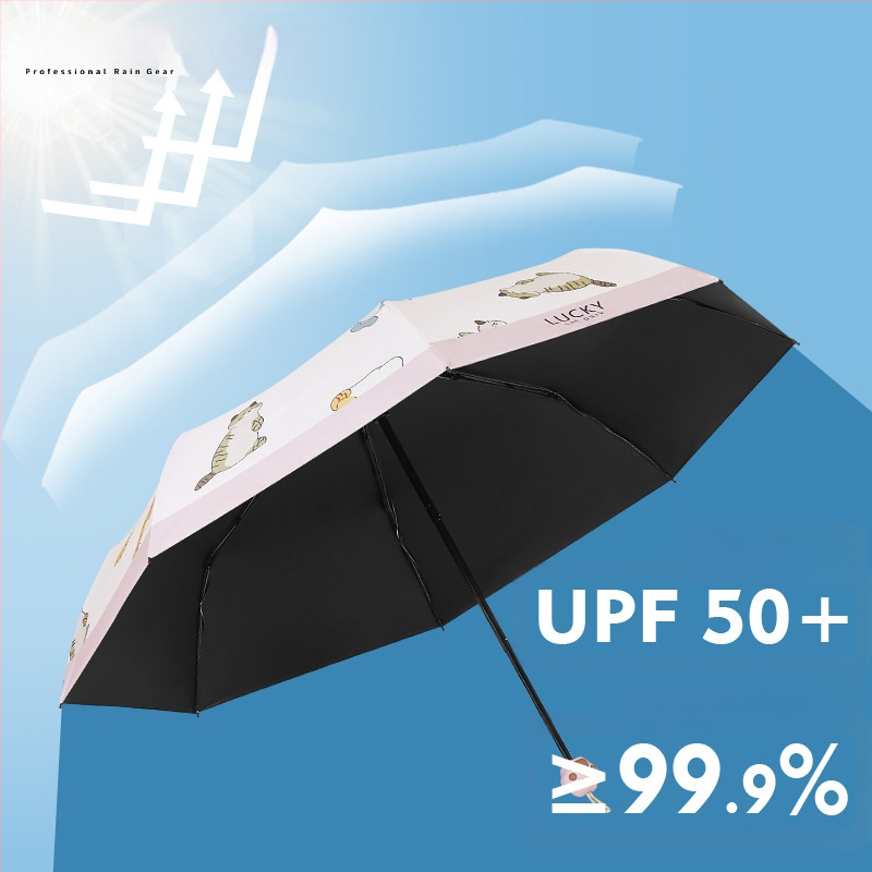 Saules lietussargs ar kaķa ķepas rokturi, Karikatūru dizains, Salokāms trīsdaļīgs lietussargs, UV aizsardzība UPF 40+, 8 spīļu konstrukcija, Manuāla atvēršana