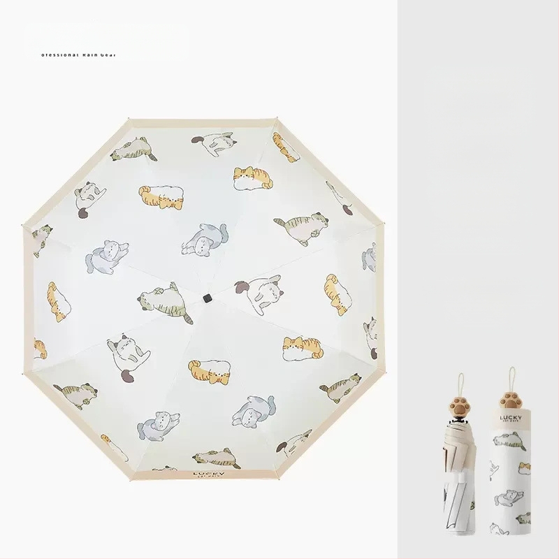 Saules lietussargs ar kaķa ķepas rokturi, Karikatūru dizains, Salokāms trīsdaļīgs lietussargs, UV aizsardzība UPF 40+, 8 spīļu konstrukcija, Manuāla atvēršana