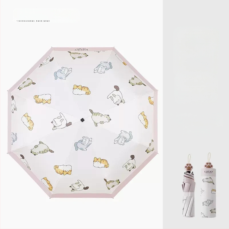 Saules lietussargs ar kaķa ķepas rokturi, Karikatūru dizains, Salokāms trīsdaļīgs lietussargs, UV aizsardzība UPF 40+, 8 spīļu konstrukcija, Manuāla atvēršana