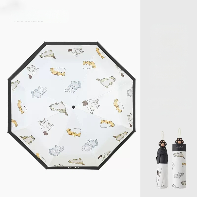 Saules lietussargs ar kaķa ķepas rokturi, Karikatūru dizains, Salokāms trīsdaļīgs lietussargs, UV aizsardzība UPF 40+, 8 spīļu konstrukcija, Manuāla atvēršana
