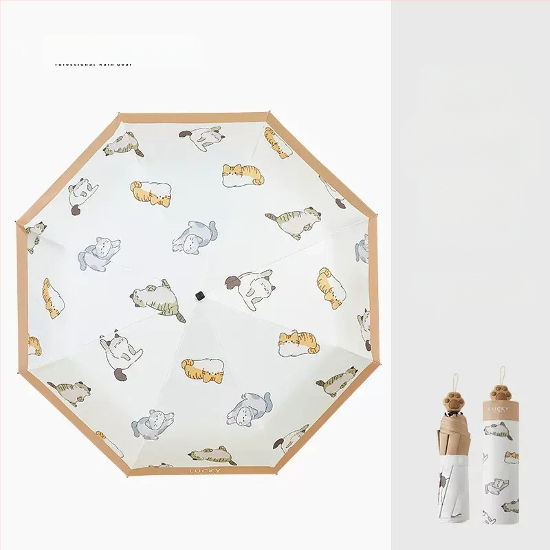 Saules lietussargs ar kaķa ķepas rokturi, Karikatūru dizains, Salokāms trīsdaļīgs lietussargs, UV aizsardzība UPF 40+, 8 spīļu konstrukcija, Manuāla atvēršana