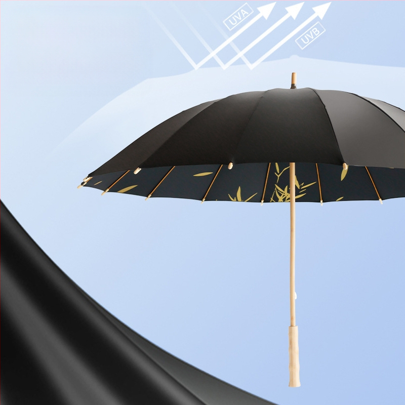Reklāmas lietussargs ar garu rokturi, 16 stieņiem šķiedru rāmis, koka stienis un rokturis, 190T audums, automātiska atvēršana, logotipa drukāšana pieejama