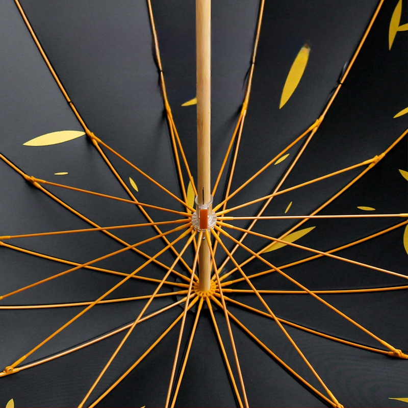 Reklāmas lietussargs ar garu rokturi, 16 stieņiem šķiedru rāmis, koka stienis un rokturis, 190T audums, automātiska atvēršana, logotipa drukāšana pieejama