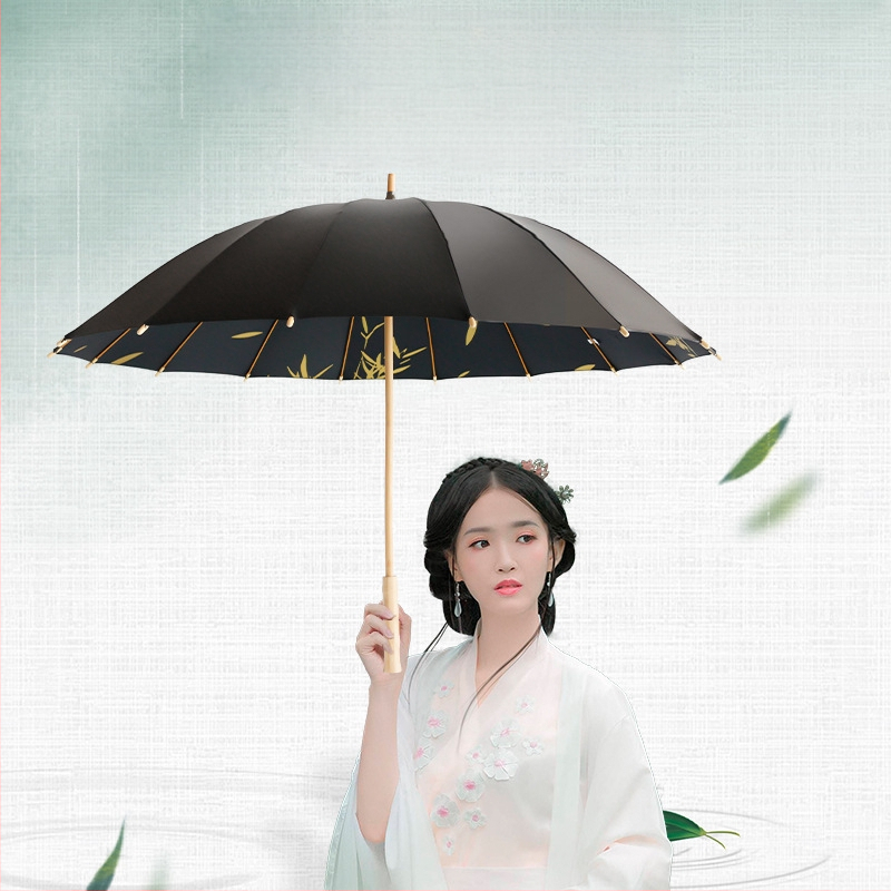 Reklāmas lietussargs ar garu rokturi, 16 stieņiem šķiedru rāmis, koka stienis un rokturis, 190T audums, automātiska atvēršana, logotipa drukāšana pieejama