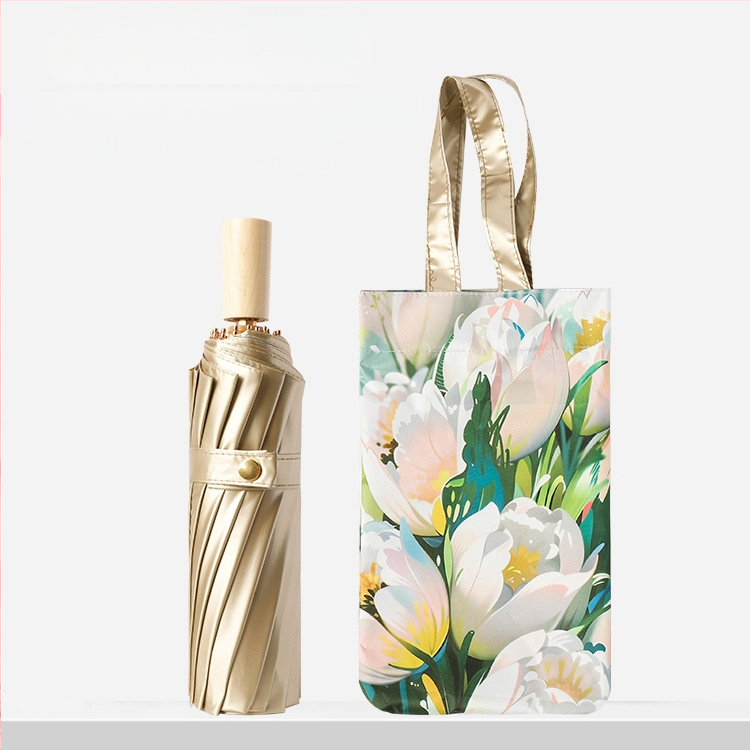 Trys dalių sulankstomas skėtis su 16 ribų iš lydinio, tvirta medinė rankena, UPF 50+, rankinis atidarymas