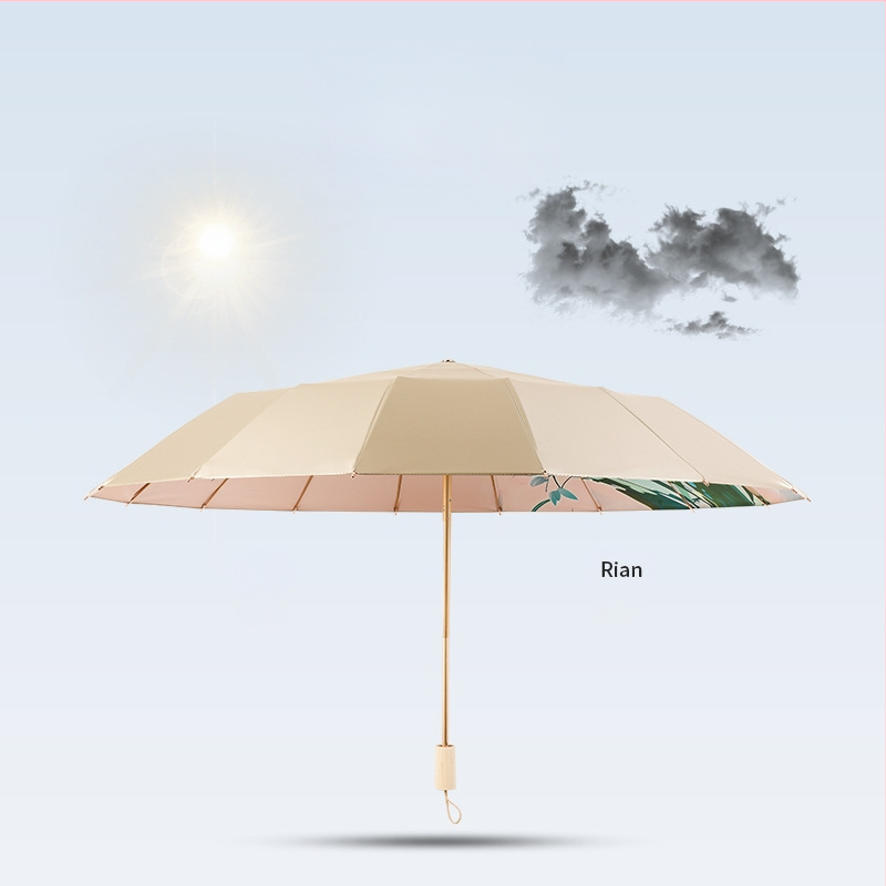 Trys dalių sulankstomas skėtis su 16 ribų iš lydinio, tvirta medinė rankena, UPF 50+, rankinis atidarymas