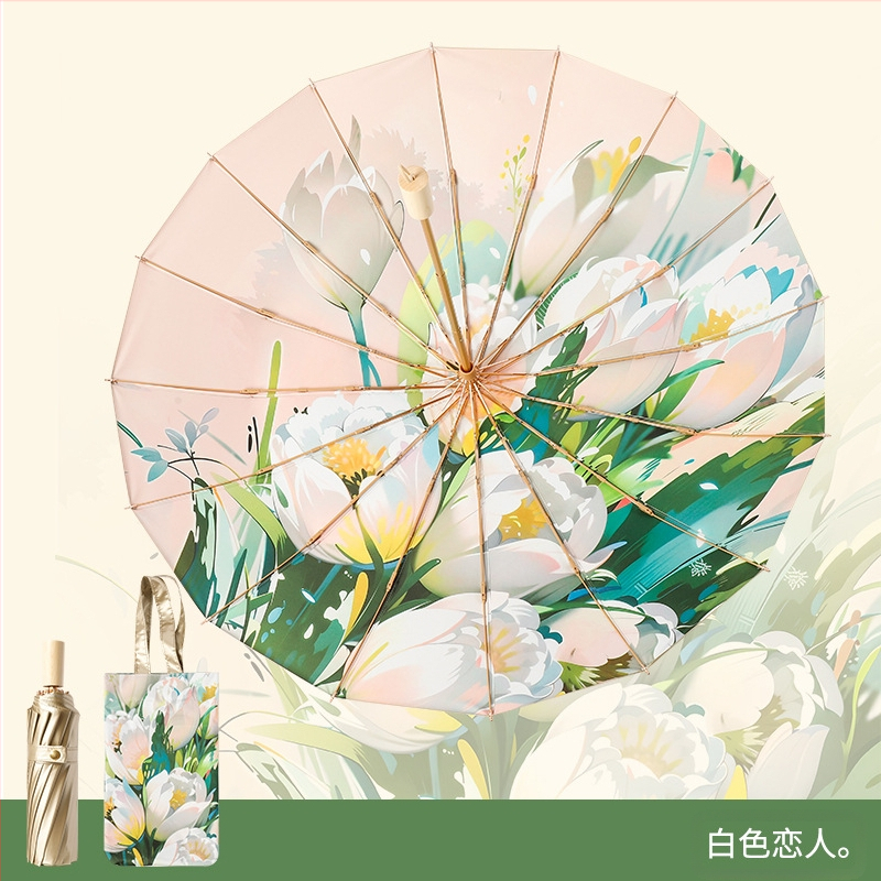 Trys dalių sulankstomas skėtis su 16 ribų iš lydinio, tvirta medinė rankena, UPF 50+, rankinis atidarymas