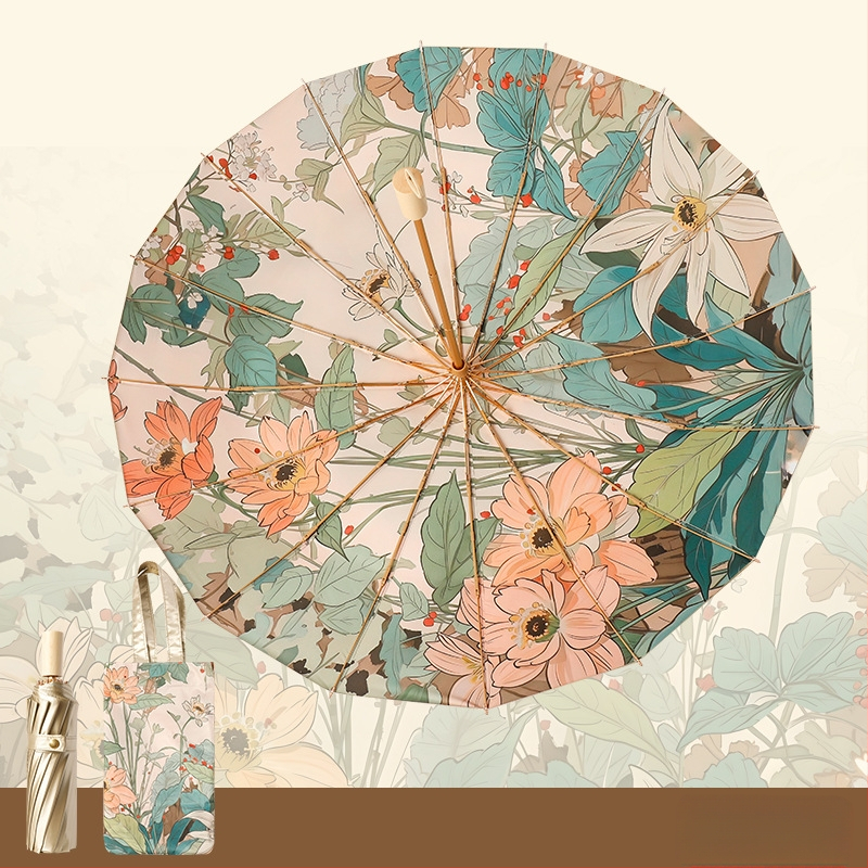 Trys dalių sulankstomas skėtis su 16 ribų iš lydinio, tvirta medinė rankena, UPF 50+, rankinis atidarymas