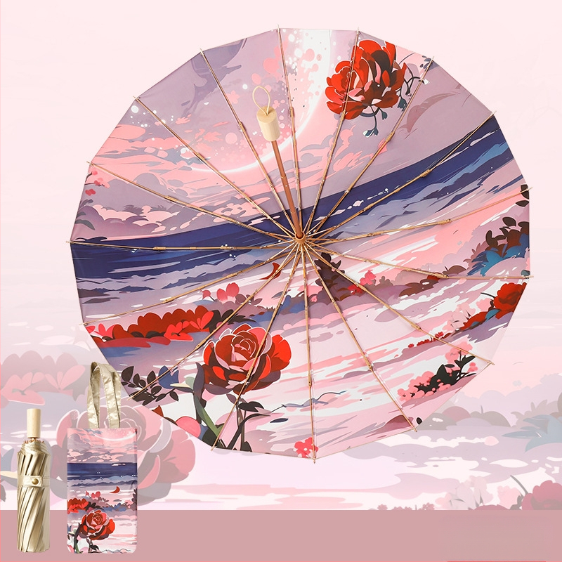 Trys dalių sulankstomas skėtis su 16 ribų iš lydinio, tvirta medinė rankena, UPF 50+, rankinis atidarymas