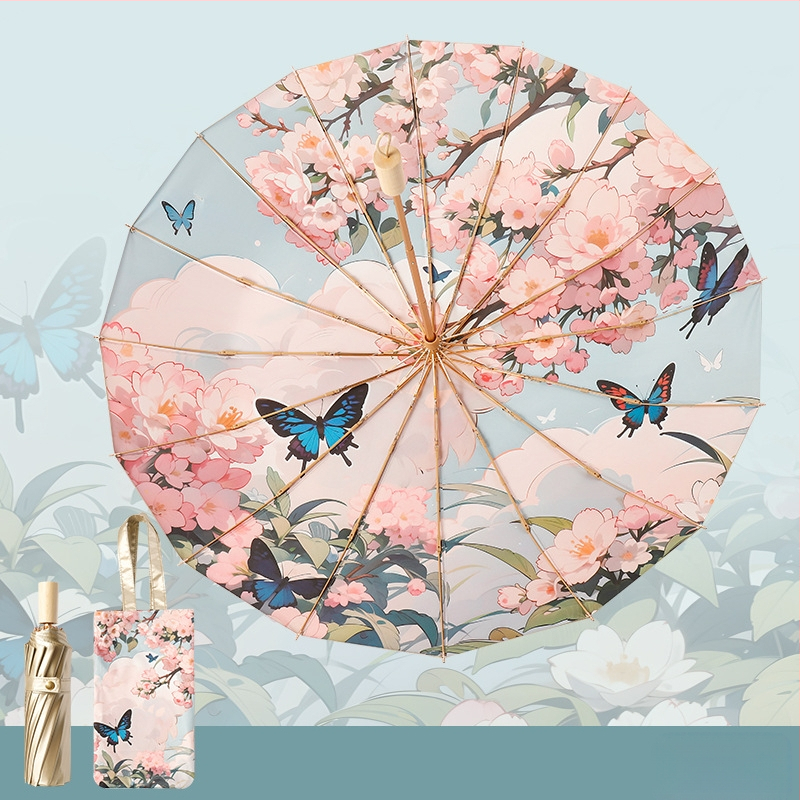 Trys dalių sulankstomas skėtis su 16 ribų iš lydinio, tvirta medinė rankena, UPF 50+, rankinis atidarymas